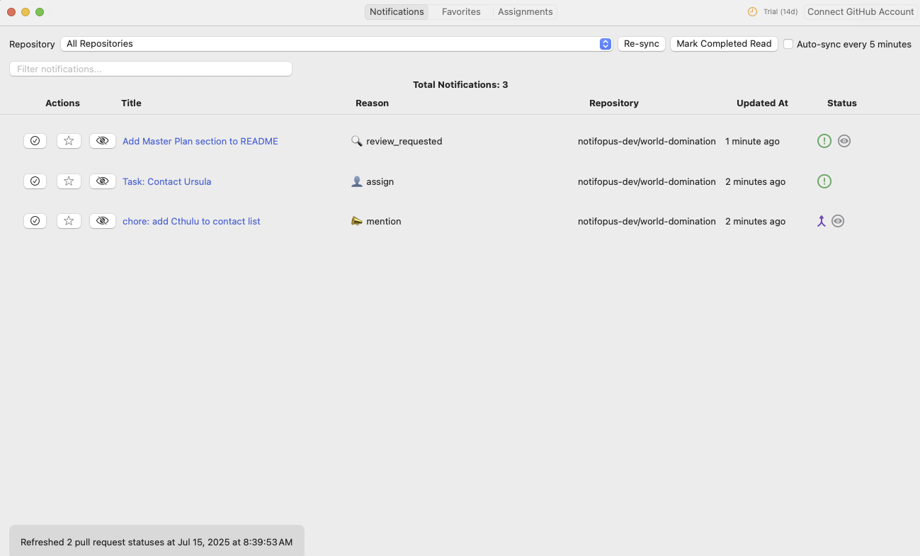Notifopus Main Interface - GitHub Notifications